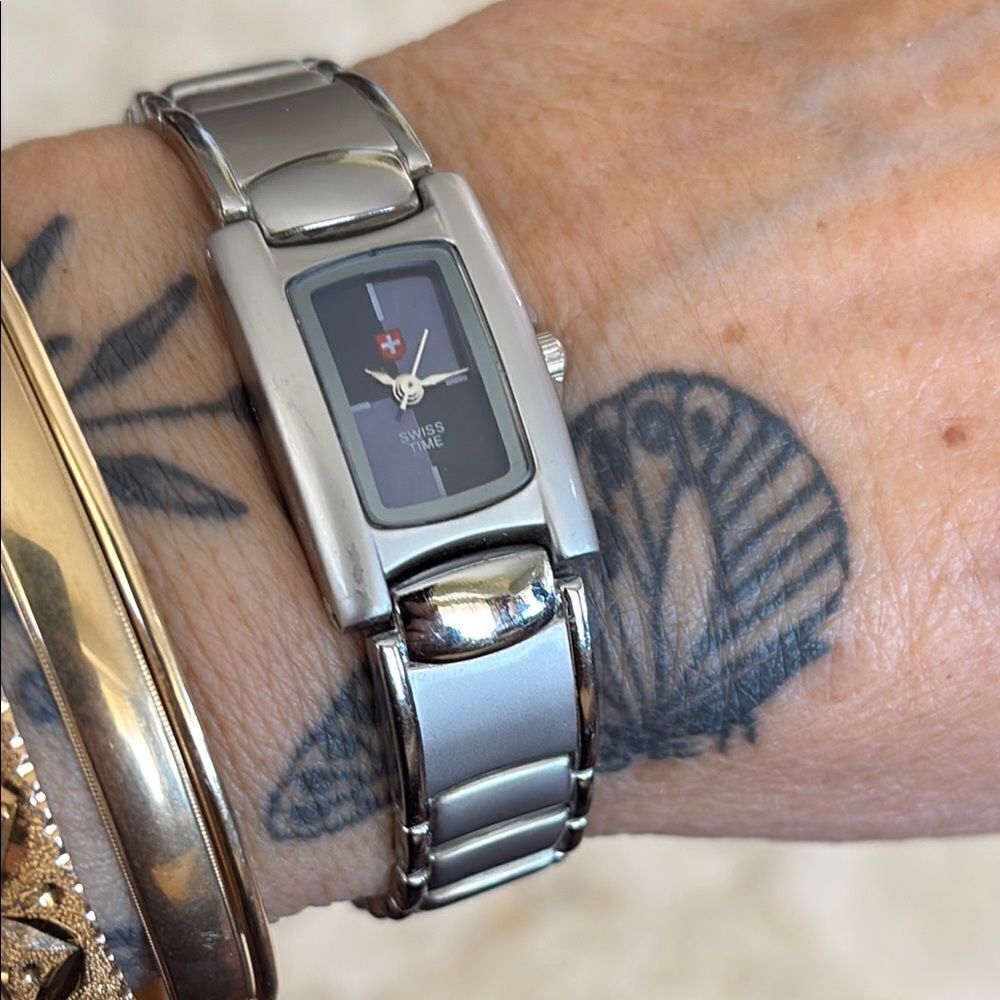 Swiss Time Stainless Steel Tank Style Quartz Watch